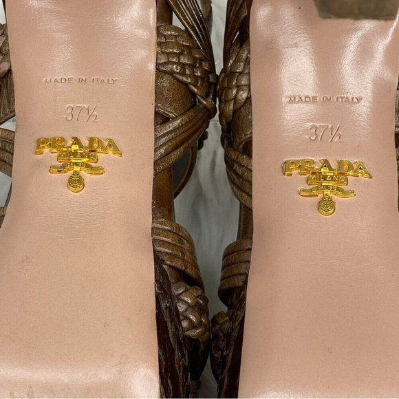 Prada Women's Brown Designer Braided Leather Strappy Luxury Heels IT 37.5 / US 7 - Picture 15 of 17